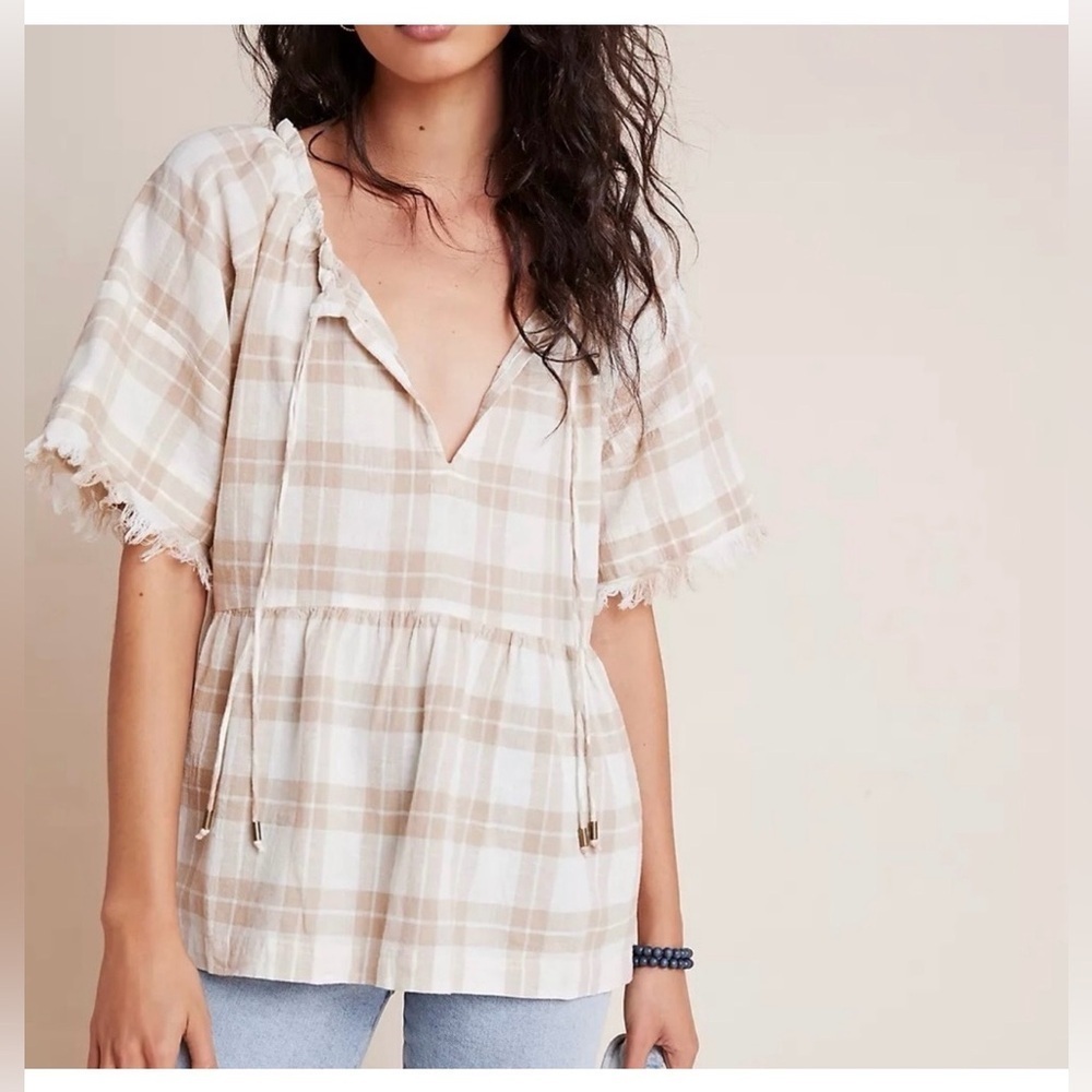 Pilcro and the Letterpress Anthropologie The Bette Babydoll Beige Blouse Size M